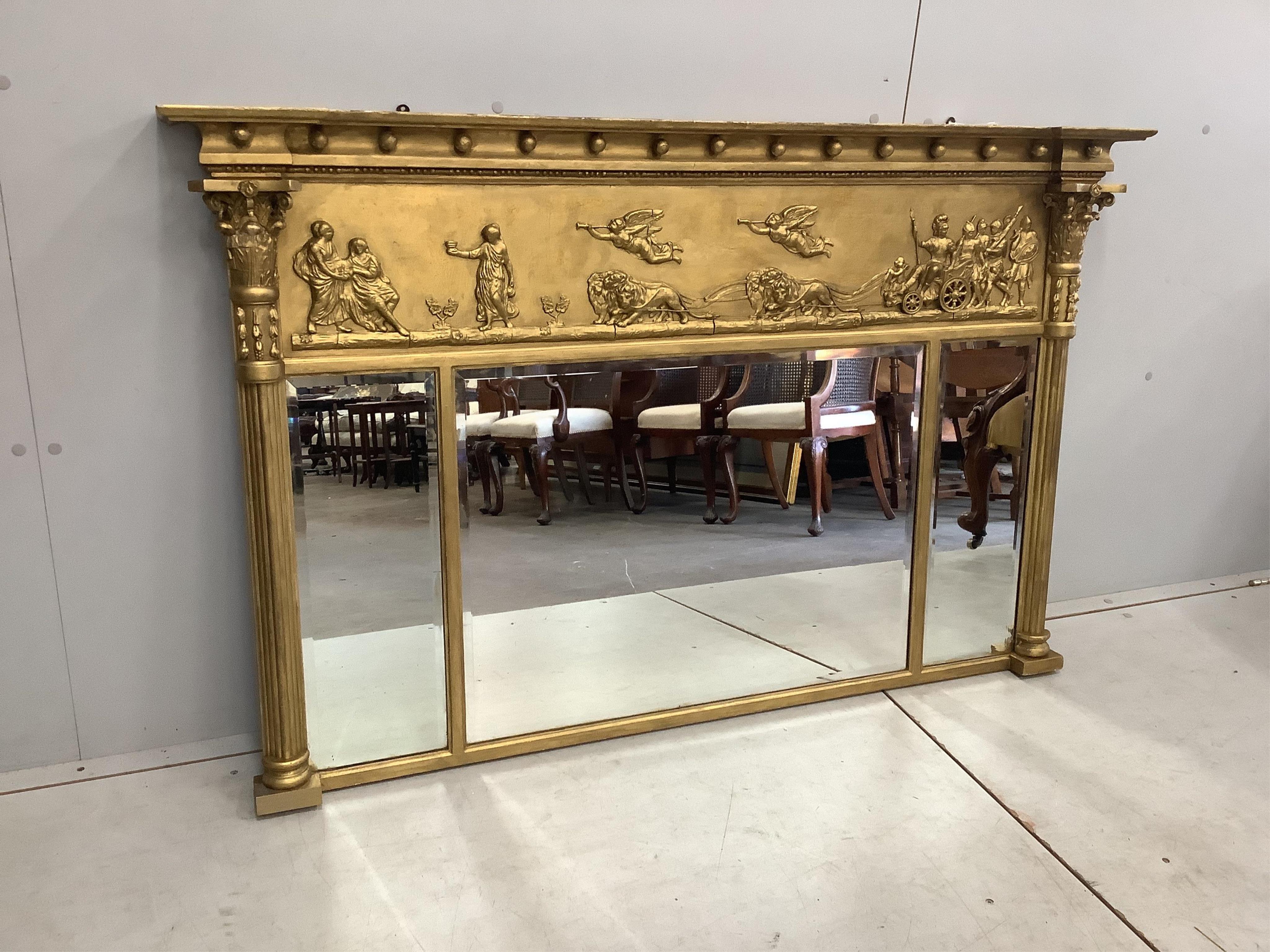 A Regency triple plate overmantel mirror, later painted, width 142cm, height 90cm. Condition - fair